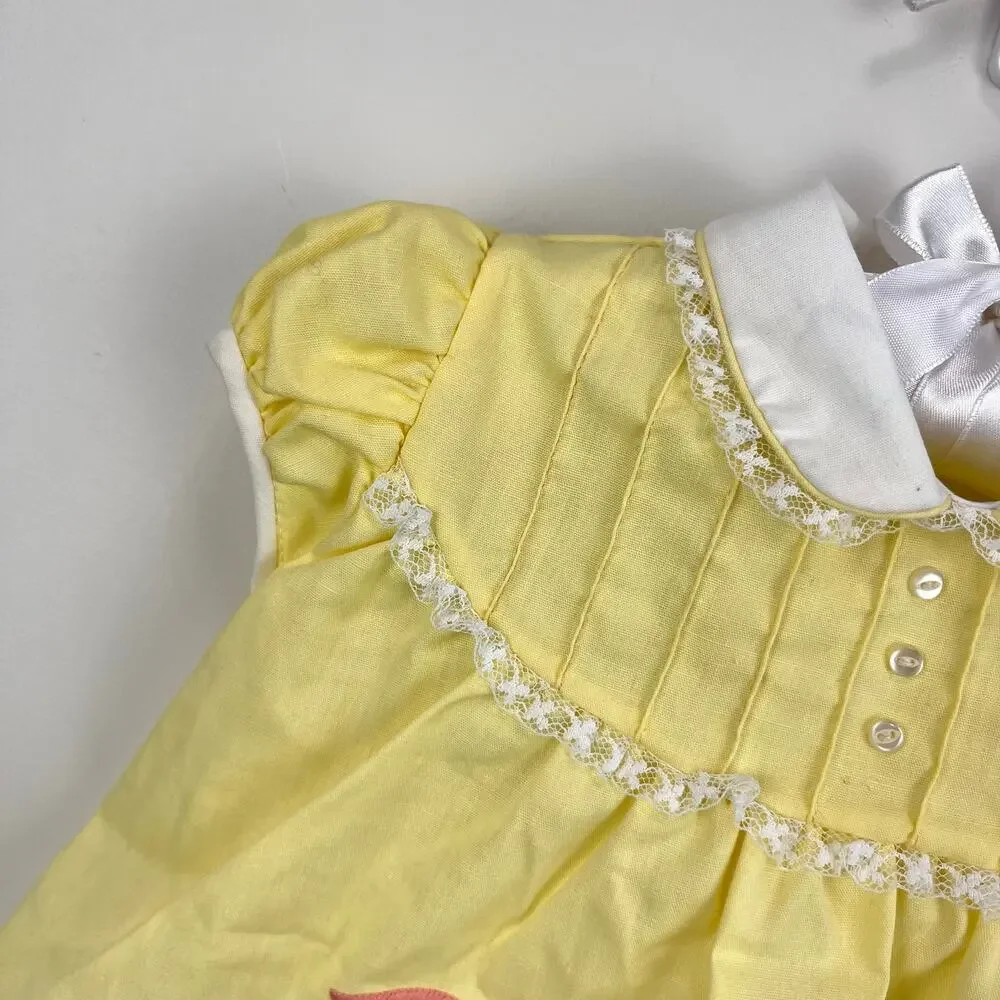 Vintage Cradle Togs Embroidered Cat Yellow Dress Set Lace Ruffle Small NWOT